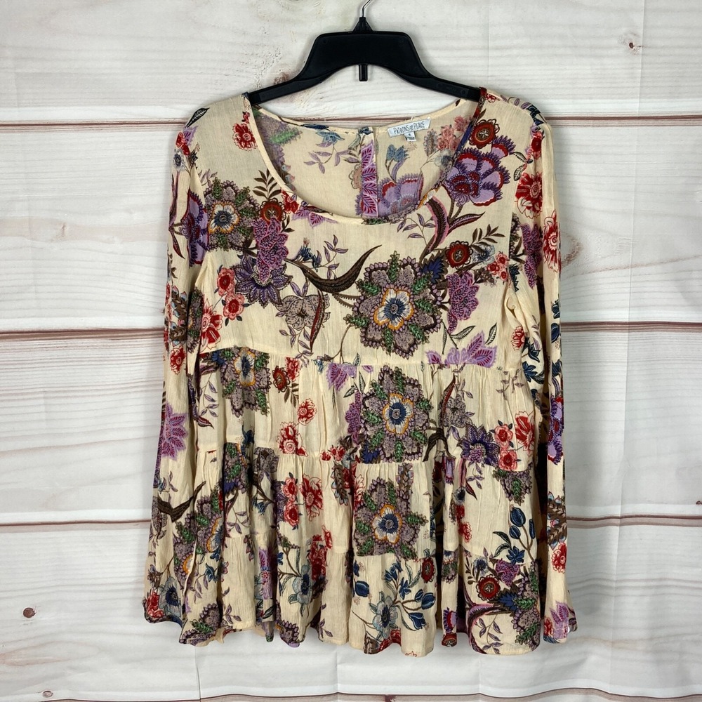 Patrons of Peace Floral Empire Waist Womens Top Scoop Neck Long Sleeve Blouse S